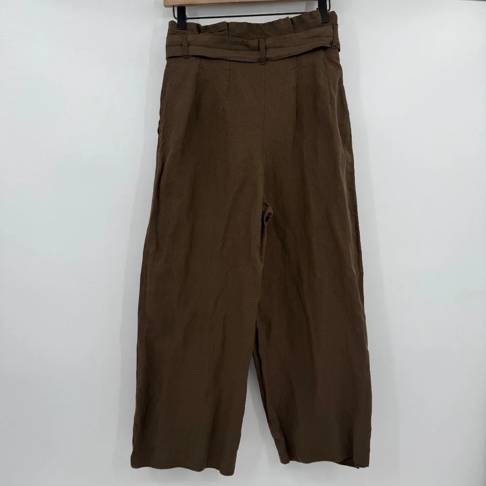 H&M Pants Women 4 Brown Wide Leg Paperbag Linen Blend Lagenlook Coastal Cropped